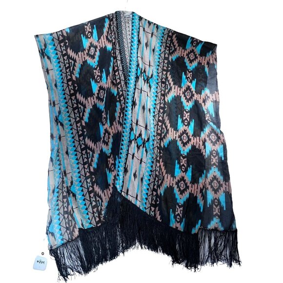 Vera Neumann NWT Fringed Tribal Shawl Wrap OS Boho Aztec Western Turquoise Tan - Picture 3 of 8